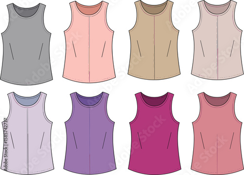 Colorful tank top vector set, front view fashion sketch, casual women’s wear, sleeveless top template, technical clothing illustration