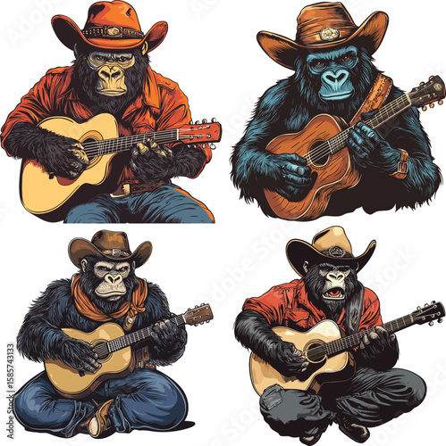 The cowboy Gorilla is playing a guitar and wearing cap vector style on white background 