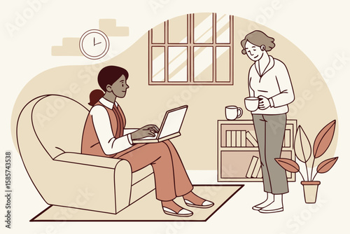  Remote Worker Chatting on Laptop from Home Office—Vector Illustration (Alt Version)
