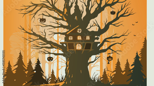 A spooky treehouse with pumpkins hanging in a dark forest during halloween night illustration scene