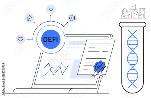 Laptop with DeFi focus, graphs, certified document, DNA test tube, and digital icons. Ideal for technology, finance, blockchain innovation research biotechnology and smart systems. Simple flat
