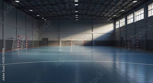 dramatic indoor futsal court with a little afternoon light coming into the court