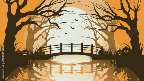 A spooky halloween scene with a bridge over water and bats flying under a full moon and pumpkins