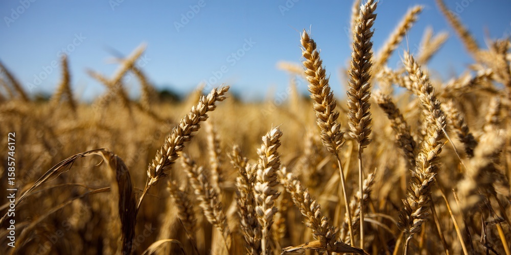 Fototapeta premium Golden wheat field under a bright blue sky, a symbol of harvest season.