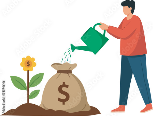 A person watering a money bag, symbolizing investment growth and financial prosperity.