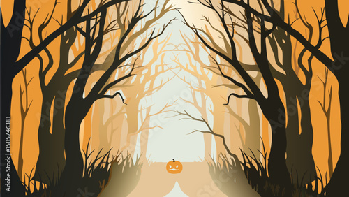 A spooky halloween scene with a pumpkin in a forest of bare trees and an orange background glow effect