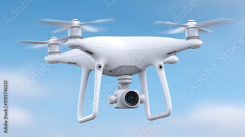 Flying surveillance drone with camera in blue sky home security monitoring wireless ip camera technology