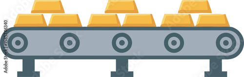 Gold bars moving on a conveyor belt, depicting automated processing or wealth accumulation.