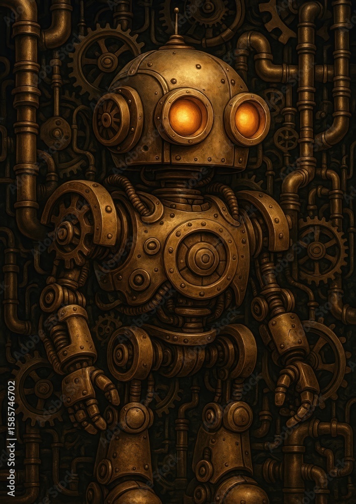 Obraz premium Steampunk robot with glowing eyes.