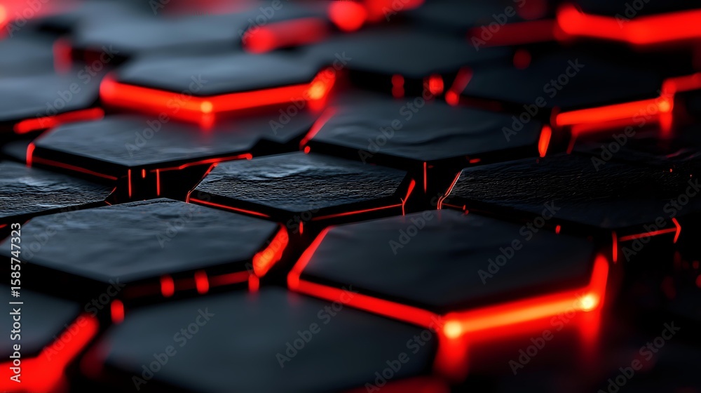 Fototapeta premium Dark hexagonal tiles with glowing red light between them create dramatic technological pattern, suitable for gaming or cyberpunk themed backgrounds.