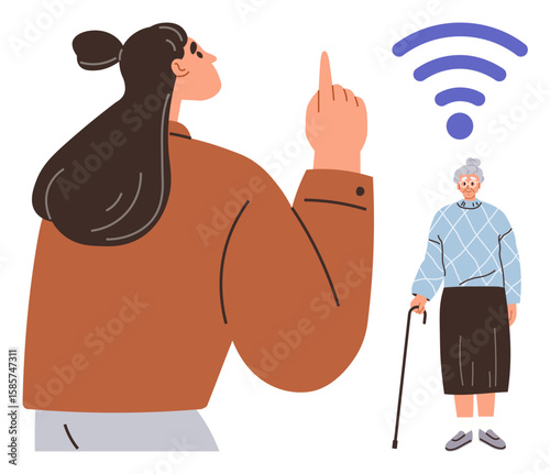 Young woman gestures toward a wireless signal icon above an elderly woman using a cane. Ideal for technology, digital communication, accessibility, intergenerational teaching, internet use, senior