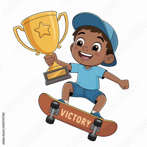 Skateboarding Boy Holding Trophy