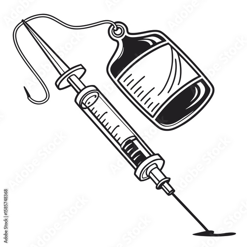 Striking Tattoo Design Featuring Syringe, Blood Bag, and Fishing Hook