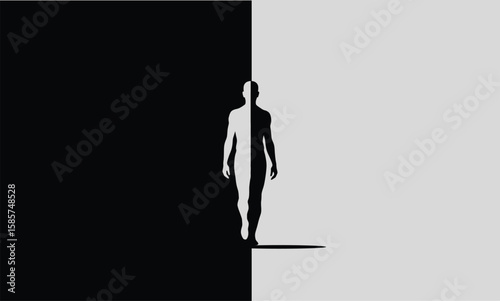  Human Figure Silhouette in Black and White Contrast Representing Duality or Choice