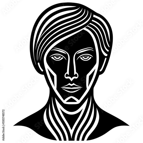 Abstract Black and White Human Face Continuous Line Art Portrait with Geometric Neck Detail head