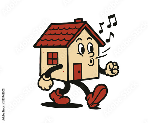 Cheerful Cartoon House Sings and Walks, Spreading Musical Joy Vector 