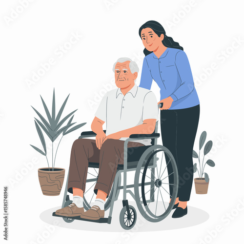 Nurse Pushing Elderly Man in Wheelchair