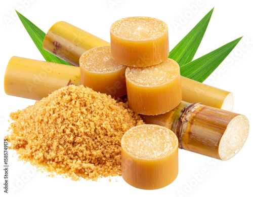  Powdered Jaggery with Sugarcane Stick Rounds and Leaf Accent – Transparent Background PNG