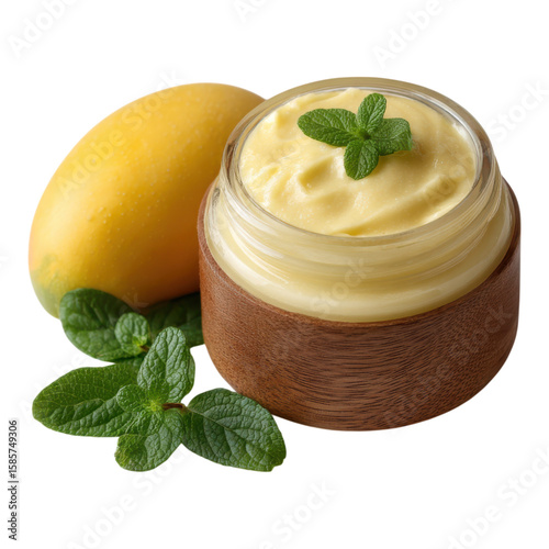 Creamy Mango Body Butter in Glass Jar with Fresh Mint Leaves