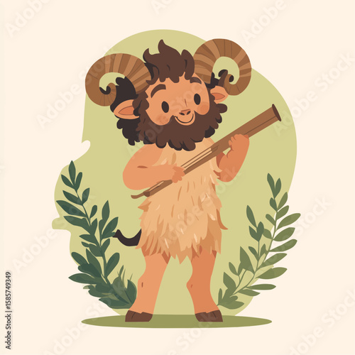 Cartoon satyr with curly hair and flute, shown with soft shapes and goat legs, great for printable fairytale characters or story visuals