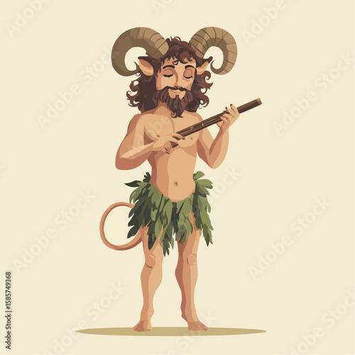Flat vector of a mature satyr with goat legs and flute, focused and calm, ideal for mythology posters, fantasy books or printable character cards