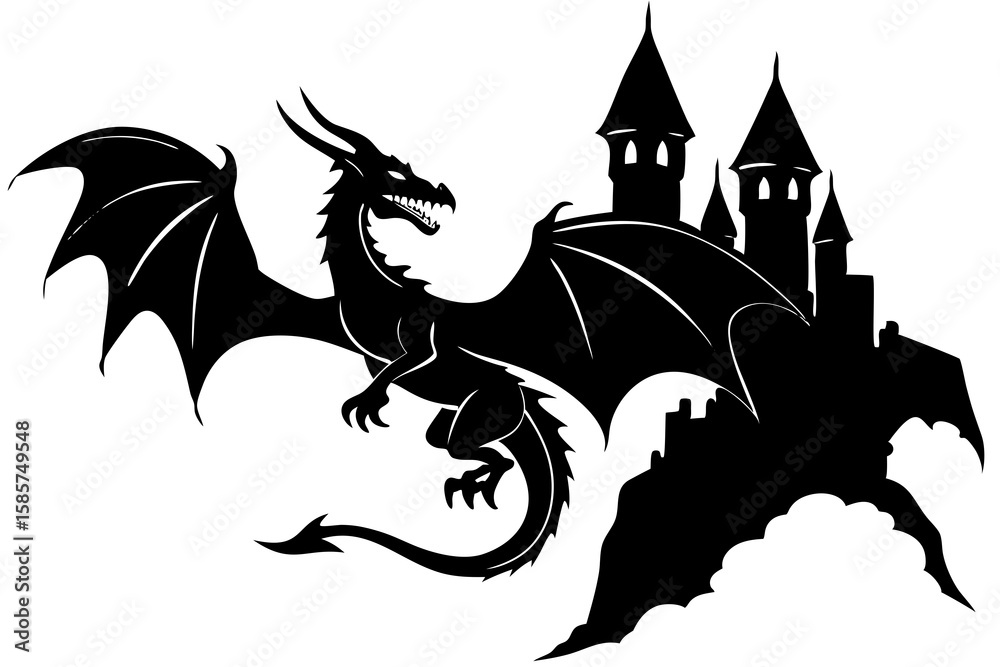 Fototapeta premium Black Silhouette Dragon Flying Near a Dark Castle on a Mountaintop vector