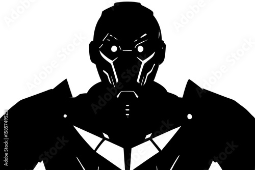 Black and White Silhouette of a Robotic Figure Wearing a Helmet with Glowing Eyes futuristic