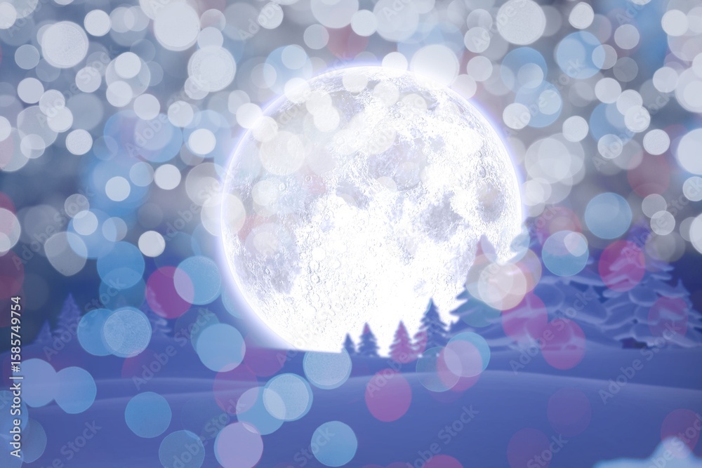 Naklejka premium Full moon is glowing behind pine silhouettes in flat design winter scene with colored bokeh orbs