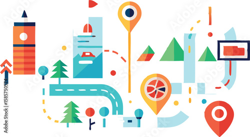 A diverse set of stylized route maps and navigation-related graphics, often featuring pins, paths, and location marker