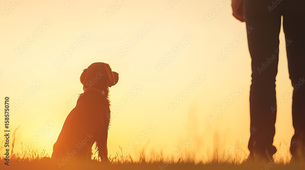 Naklejka premium Silhouette of a dog sitting attentively next to a person at sunset