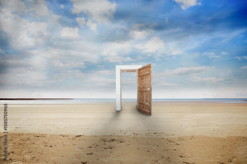 Obraz premium Open wooden door on beach