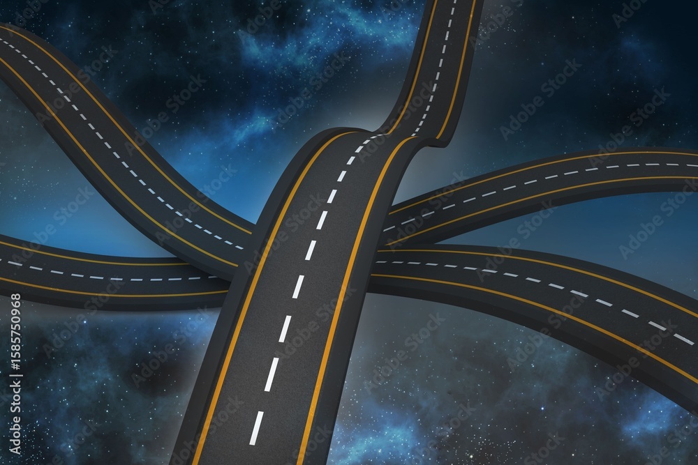Fototapeta premium Surreal intertwined asphalt roads twisting in cosmic space, featuring yellow and white dashed lines