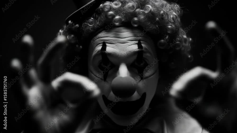 Sad mime in black and white, depicts a sorrowful clown in silence. Suitable for theater posters, emotional articles, and storytelling visuals.