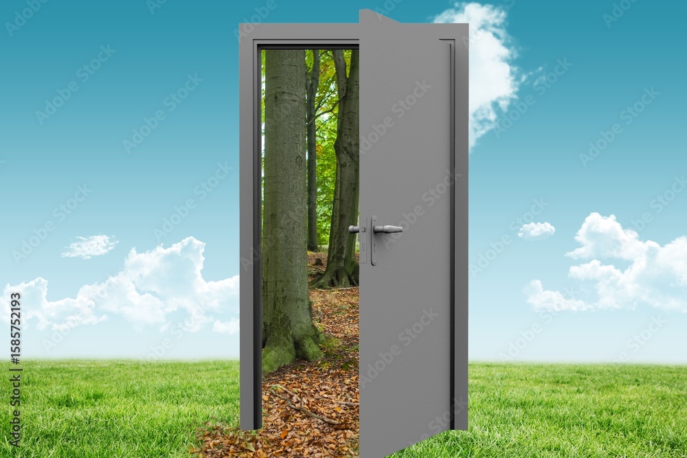 Fototapeta premium Open door on grassy landscape with trees