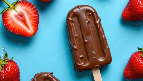 the primary subject is a frozen dessert on a stick, coated in a glossy dark brown shell, the shell reflects light and shows minor imperfections in texture, the stick