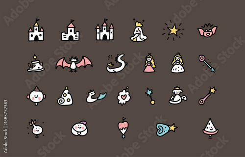 Whimsical fairytale cartoon icons: castles, princesses, dragons, stars, and magic wands.