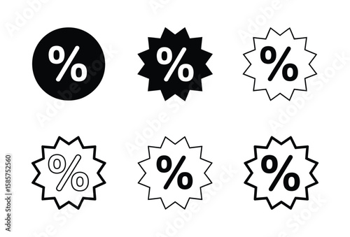 Percentage Discount Icons: Black and White Starburst Sale Symbols Set