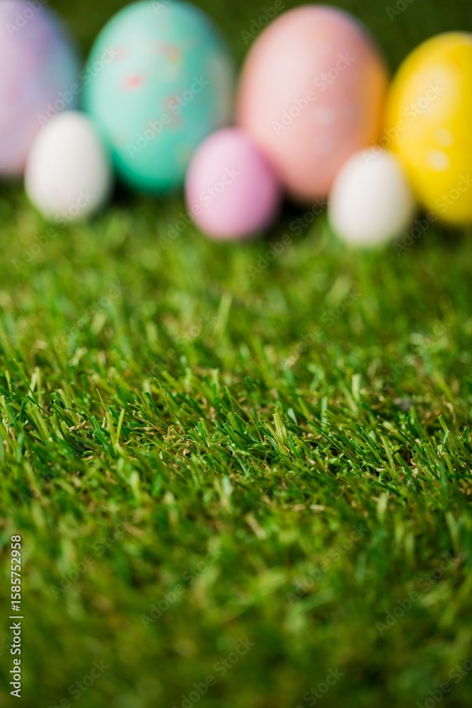 Obraz premium Easter eggs with focus on grass in garden