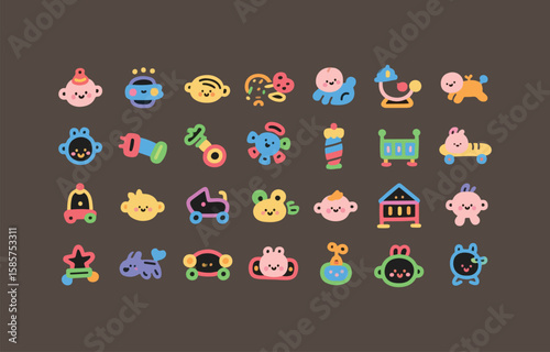 Cute pastel baby toys icons; cheerful, playful, vector illustration.
