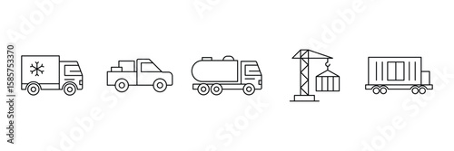 Cold pickup tanker crane container freight transport outline cargo delivery mobility icon vector illustration logistics commercial editable shipment design.