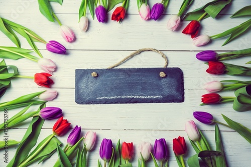 Fototapeta Naklejka Na Ścianę i Meble -  Flat lay illustration is featuring black slate sign hanging from coarse twine amid tulip border