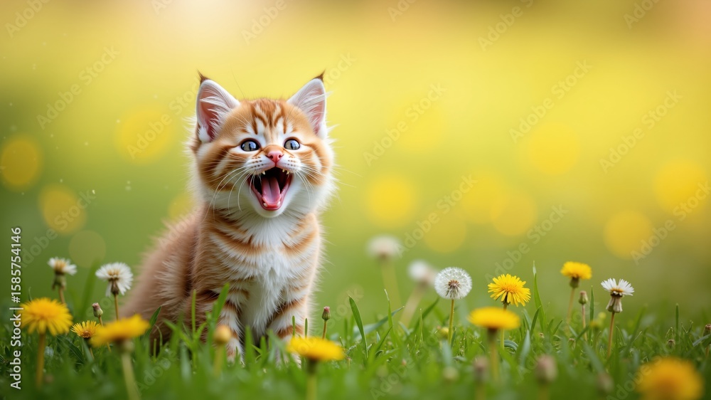 Obraz premium A small fluffy funny kitten enjoys on a spring summer meadow among dandelion flowers. Postcard banner spring time 