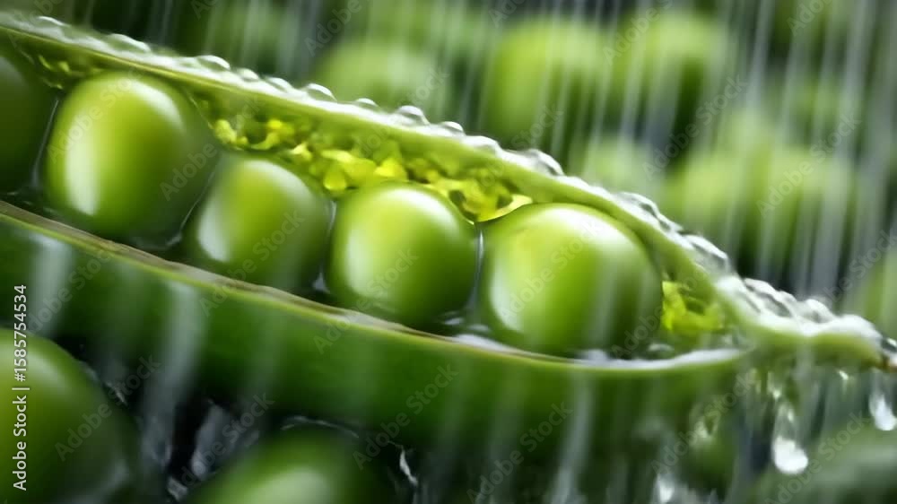 鮮やかなエンドウ豆が朝露を纏った莢から見える様子