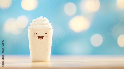 Happy vanilla milkshake with whipped cream and cute cartoon face