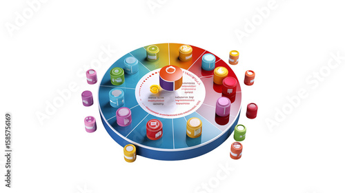 Colorful diagram with cylinders arranged in a circle on a black background