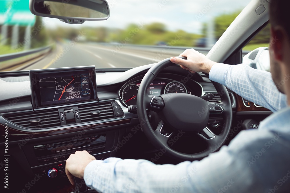 Naklejka premium Flat design is showing back seat view of right-hand drive car, driver steering and shifting gears