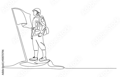 Soldier Saluting with Flag Single Line Drawing, happy Veterans day continuous line art drawing,