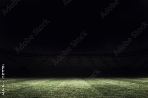 Grass pitch is glowing under floodlights in flat design sports stadium, showing mowing stripes
