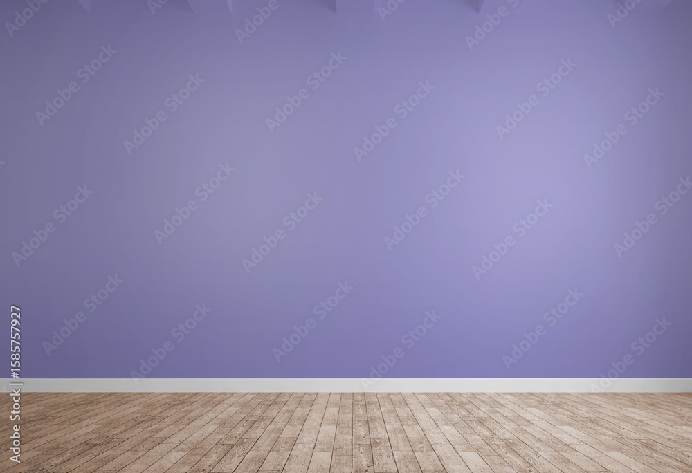 Fototapeta premium Showing flat design purple painted wall rising above light wood floor with white baseboard trim
