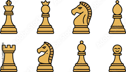 World Chess Day vector icon set with chessboard king knight rook player winner and handshake